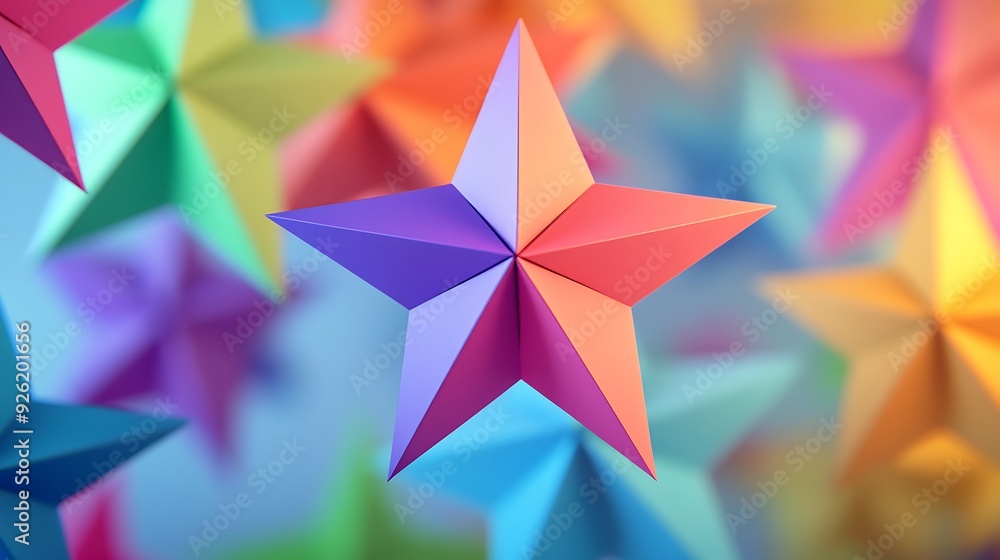 Poster vibrant 3d render of colorful layered paper star with depth of field close-up shot and blurred backg