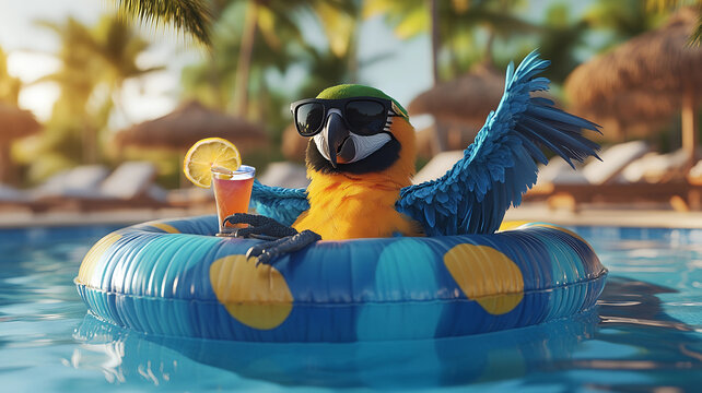 Blue parrot with black sunglasses lying on a inflatable colorfull ring in a clear swimming pool, holding in wing a beach coctailwith palm trees and sun loungers in the beach