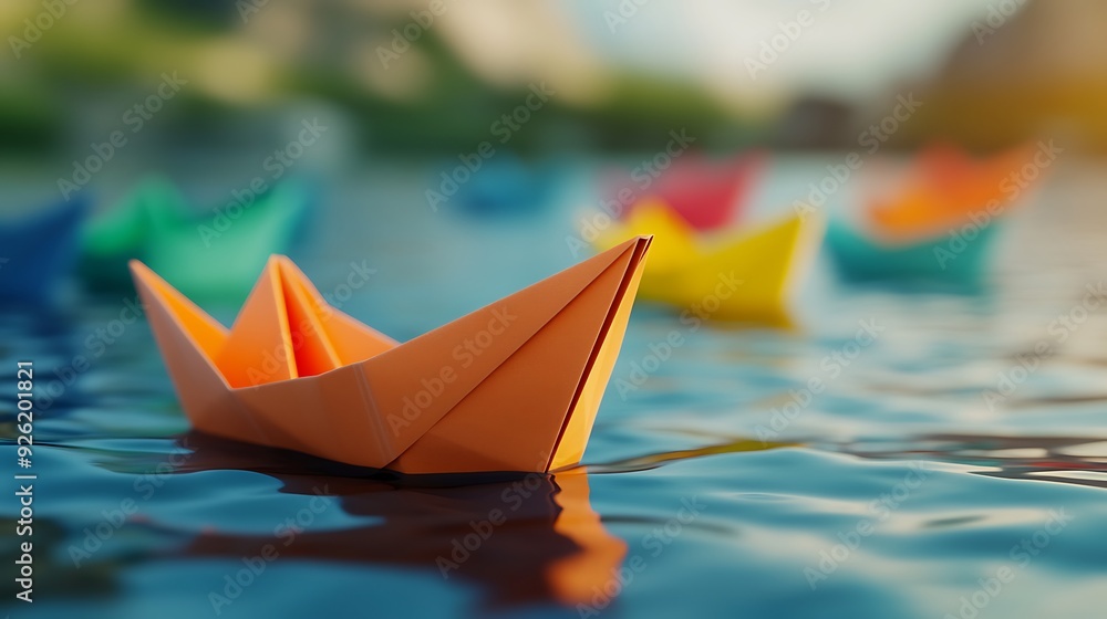 Poster surreal 3d render of vibrant paper sailboat with textured appearance in close-up, depth of field sho