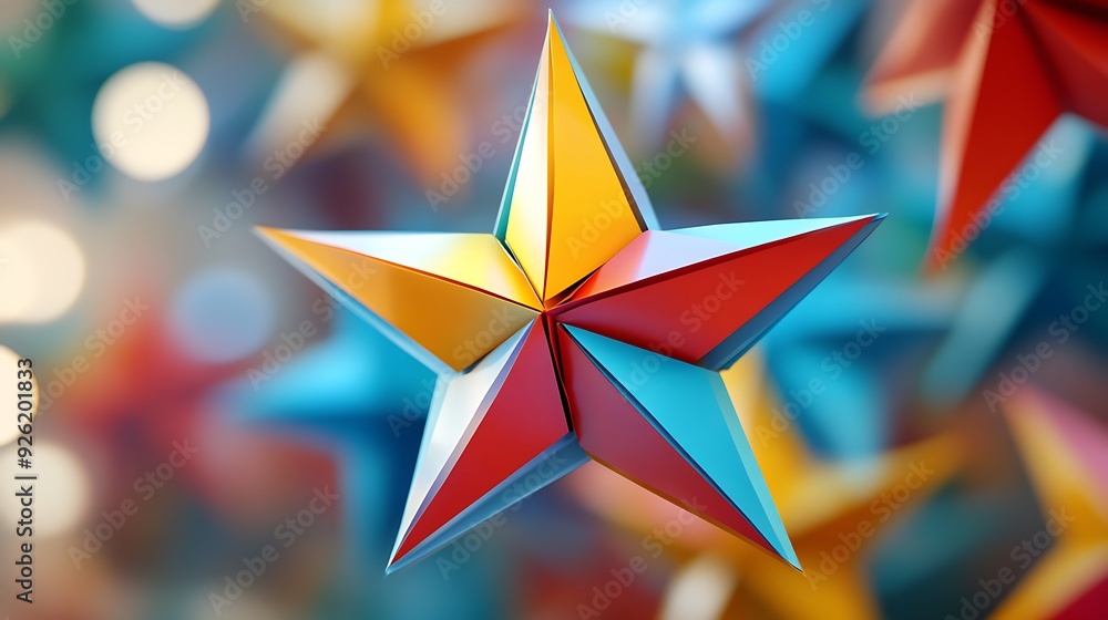 Poster vibrant 3d render of layered paper star with depth of field and blurred background