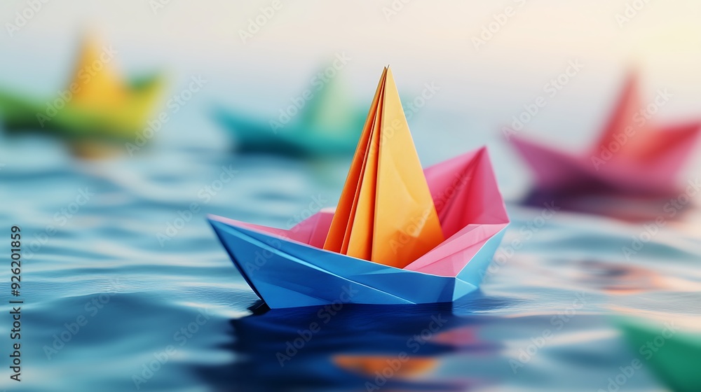 Aufkleber close-up 3d render of vibrant textured paper sailboat with depth of field and blurred background - n