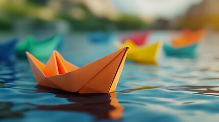 Surreal 3D Render of Vibrant Paper Sailboat with Textured Appearance in Close-up, Depth of Field Shot with Blurred Background of Paper Boats