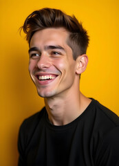 Obraz premium Portrait of young man in side-headed pose looking happy, Young man seems deeply happy. Isolated on yellow background. 