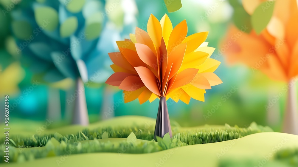 Poster vibrant 3d paper tree art - close-up with depth of field and blurred background of paper trees in di