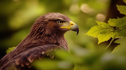  A tight shot of a raptor perched on a tree branch, a leaf occupying the foreground, background softly blurred