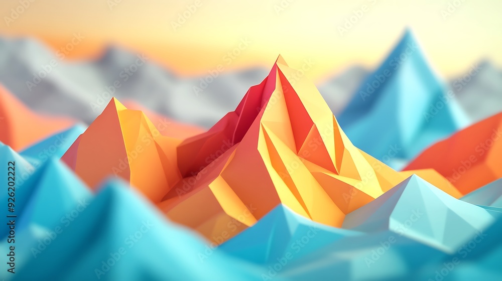 Aufkleber colorful 3d render of layered paper mountain with depth of field and blurred background | close-up s