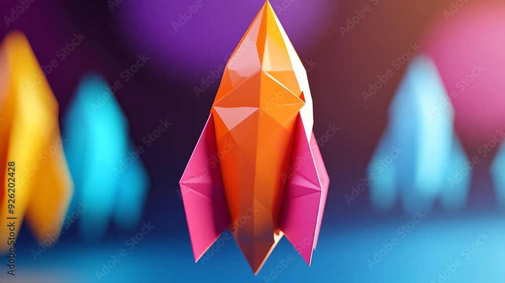 Poster vibrant folded paper rocket 3d render with depth of field and blurred background\