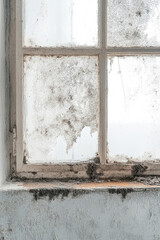Extensive mold growth on window and slopes, mildew on window, damp, fungus