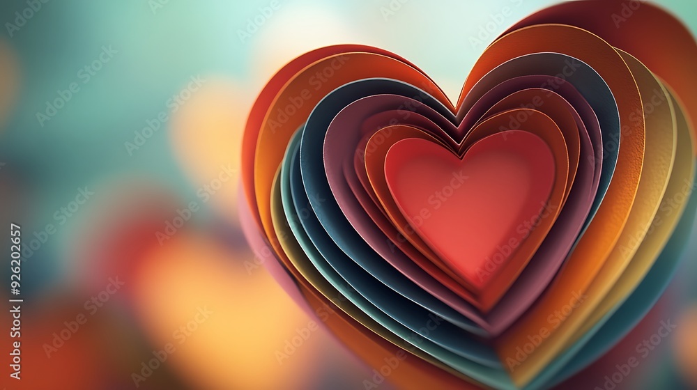 Poster vibrant layered paper heart with depth of field and blurred background
