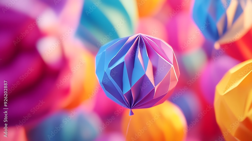 Poster vibrant 3d render of textured paper balloon with depth of field, close-up shot and blurred backgroun
