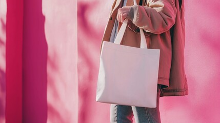 Perfect for branding mockups, the lower half of a person holds a white tote bag that is blank against a pink background. AI Generative