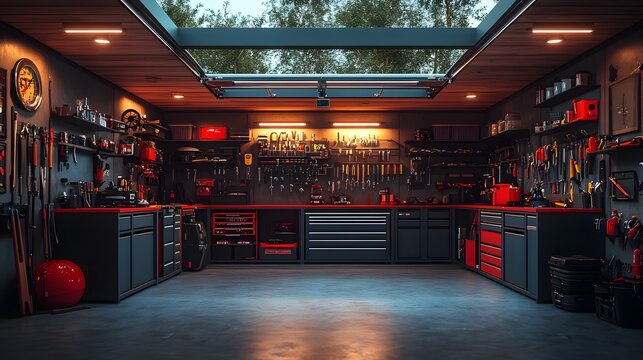 Realistic high-quality image of a well-organized modern garage with tool racks, showcasing clean and efficient storage solutions.