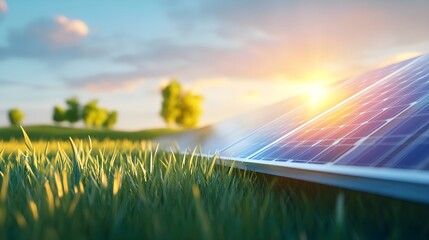 Solar Panels in Grass Field at Sunset