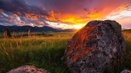  A sizable rock, positioned in a vast field, as the sun sets and paints the sky with hues of orange and red, while a scattering of clouds completes the scene