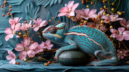 Obraz premium A vibrant blue chameleon perched among delicate pink flowers on an intricately textured surface in a serene environment