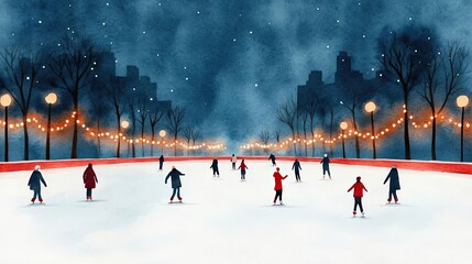 A snowy evening scene with ice skaters gliding on a rink illuminated by colorful lights and surrounded by trees.