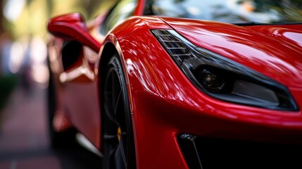  A tight shot of a red sports car's front grille on a city street Background includes trees and structures