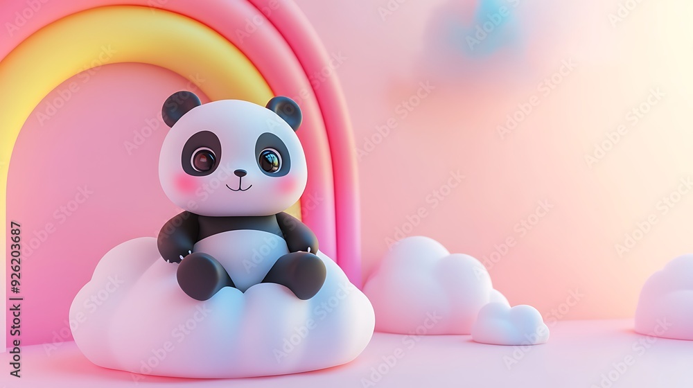 Poster adorable cartoon panda on cloud with rainbow arch and soft sunlight | minimalistic 3d render in high