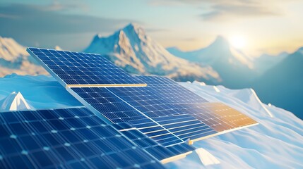Solar Panels on Snowy Mountain Peak with Sun