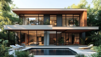 Obraz premium 3D-rendered modern house, minimalistic in design, set on a white background, emphasizing clean lines and geometric shapes.