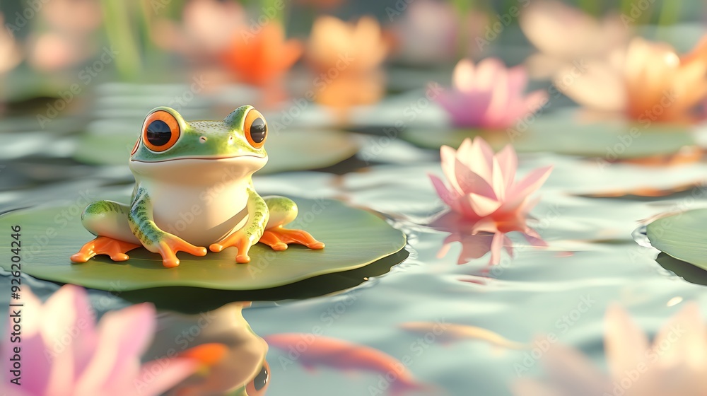 Poster adorable cartoon frog on lily pad in minimalistic style with koi fish - 3d render with soft colors a