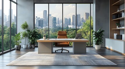 Professional office setup with a minimalist aesthetic, showcasing a clutter-free desk and modern decor, designed for virtual meetings.