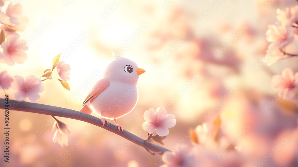Poster adorable cartoon bird on cherry blossom tree branch - minimalistic 3d render with soft lighting and 