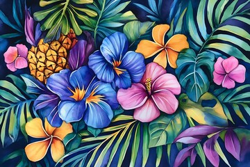 Watercolor Painting of Tropical Flowers and Leaves.