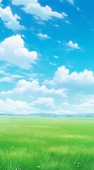 Obraz premium Enchanting Anime-Style Summer Skies: Lush Meadows and Puffy White Clouds Drifting in the Breeze, a Perfect Wide-Format Abstract Art for Game Concept and 4K Wallpapers,anime style