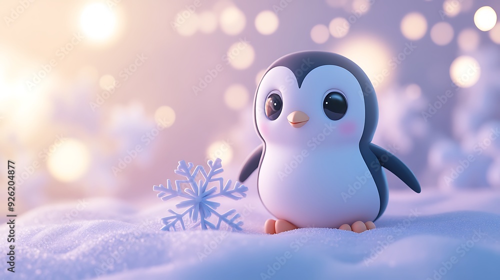 Poster adorable cartoon penguin on snowflake in minimalistic style with soft winter light - 3d render close