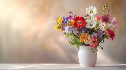 Fototapeta premium white vase with colorful flowers on the table against a light background