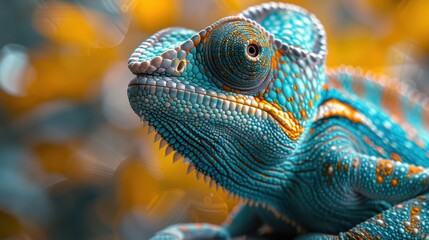 Fototapeta premium Close-up of a vibrant blue chameleon perched on a branch in a lush garden, basking under soft sunlight