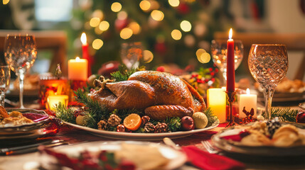 Festive christmas dinner table with roasted turkey, candles, and elegant decorations, creating a warm holiday atmosphere