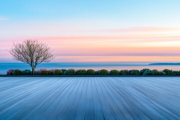 Fototapeta premium Calm and serene garden with ample copyspace, colorful skies and vegetation. Property outdoors conceptual image for reflection and relaxation.