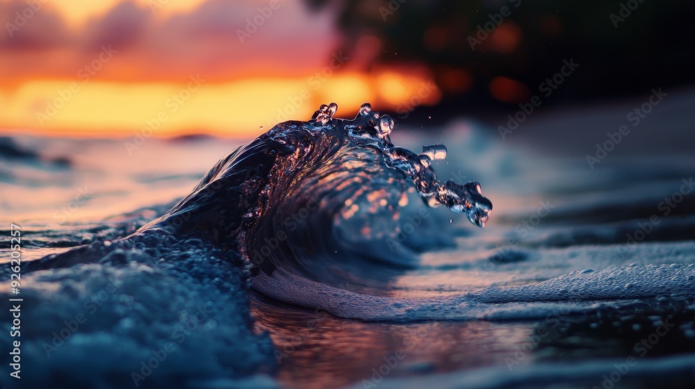 Sticker  A tight shot of a wave in the ocean against a sunset backdrop