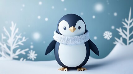 Fototapeta premium Playful Paper Penguin in Winter Wonderland - 3D Render of Adorable Bird Wearing Scarf, Creative Paper Art Style Scene