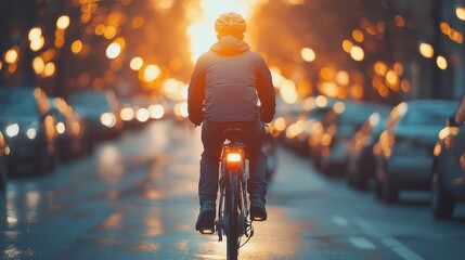 Rearview of a man riding a bicycle on a busy street at sunset, surrounded by cars with bright bokeh lights. 