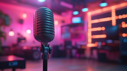 Podcast studio microphone setup, colorful neon lights in the background, and modern equipment for recording audio content. Creative workspace, podcasting, broadcasting. 