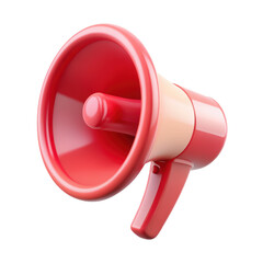 3D red megaphone icon with a shiny, reflective finish. The design is simple and modern, featuring clean lines and smooth curves. Isolated on transparent background, png.