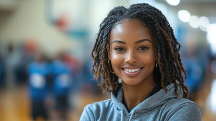 Portrait of a happy African American basketball coach with dreadlocks smiling at the camera in a sports hall, confident, inspiring, leadership, positivity