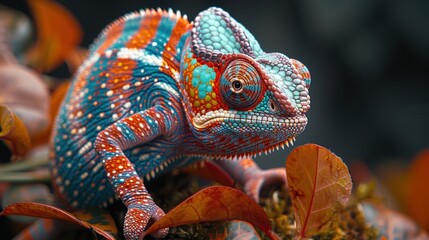 Colorful chameleon resting on vibrant autumn leaves in a lush forest ecosystem