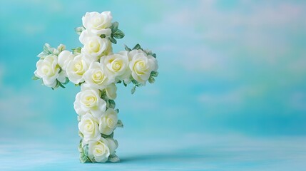 White Roses Cross on Blue Background - Elegant floral cross made of white roses with green leaves against a soft, blue background, perfect for religious, spiritual, or wedding themes, invitations.