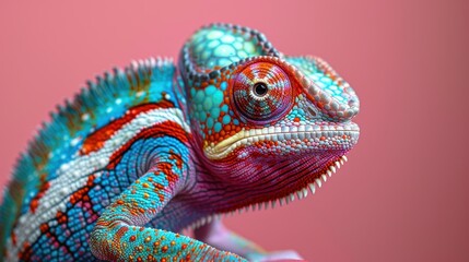 Obraz premium Colorful chameleon perched against a pink background in a vibrant display of nature's beauty