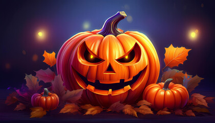 Obraz premium Halloween pumpkin carved jack o’ lantern. Spooky festive season, fall and autumn.