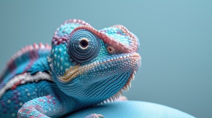 Obraz premium A vibrant chameleon resting on a blue surface in a well-lit indoor setting