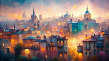 Obraz premium dreamy impressionist cityscapes with blurred phonemes silhouettes in soft pastel hues capturing the essence of urban mystique and wanderlust