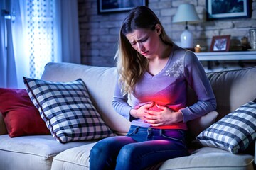 Obraz premium woman sitting on a couch, holding her stomach in pain, highlighting abdominal discomfort or menstrual cramps.