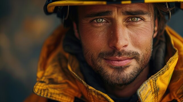 Young male firefighter in protective gear smiles confidently in a hazy outdoor setting during daytime