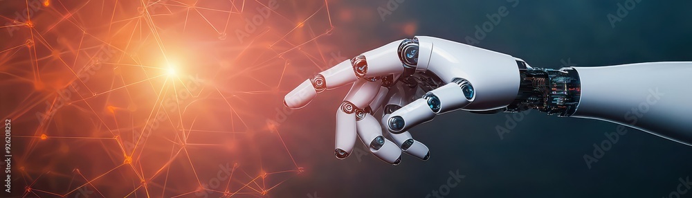 Poster a robotic hand reaching towards a glowing connection, symbolizing the fusion of technology and human