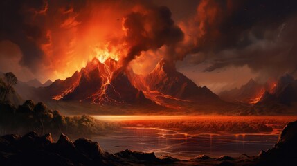 Illustrative scene of a volcanic eruption capturing the moment of explosive activity.